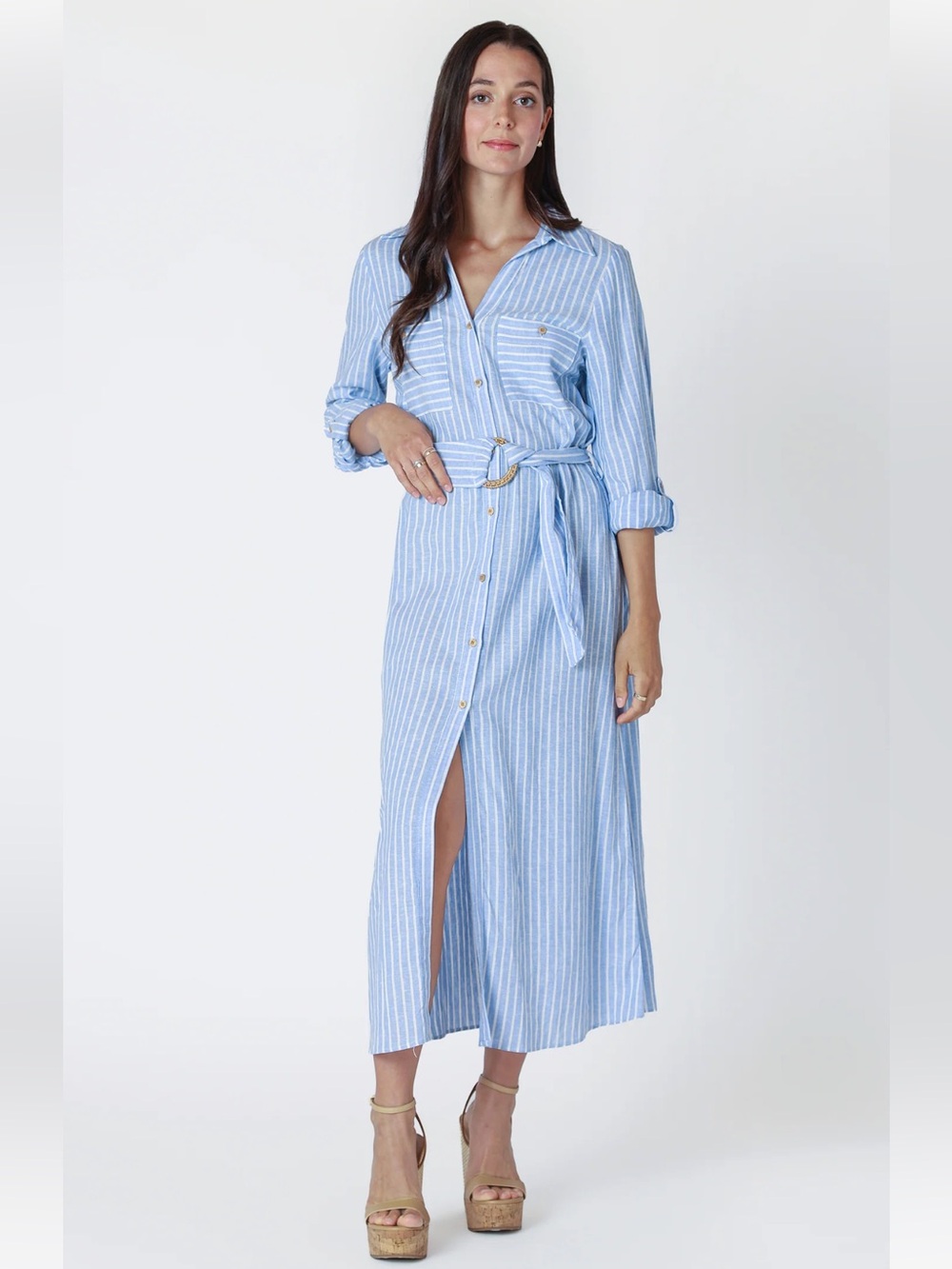 Black Tape_ Light Blue & White Striped Maxi Shirtdress